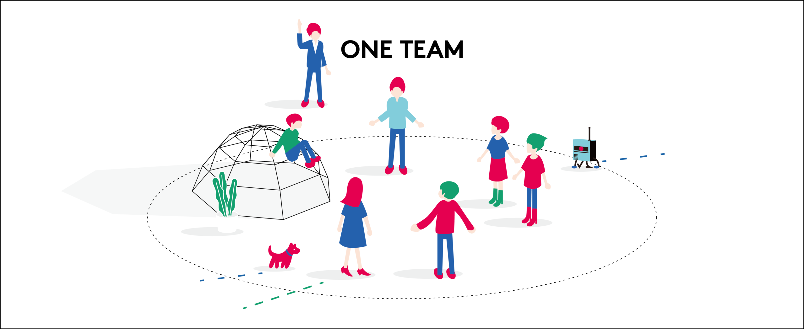 さまざまな人がひとつの場に集まる、ONE TEAMのイラスト